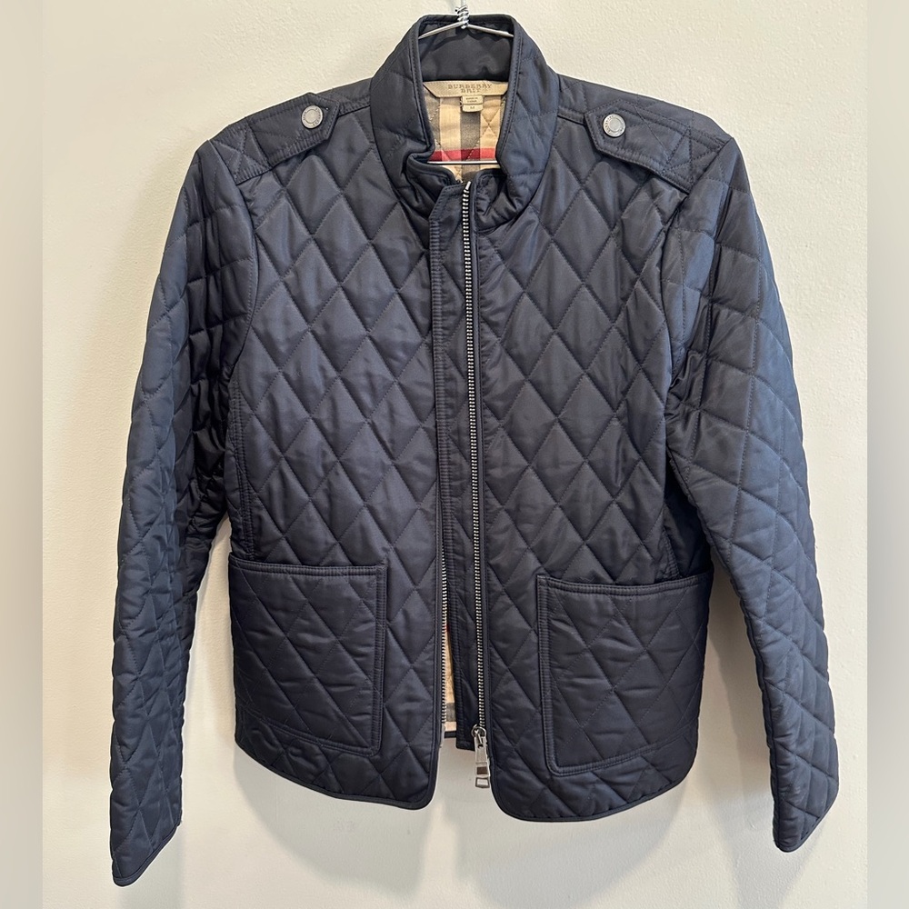 Burberry Brit Women’s Navy Quilted Utility Jacket Check Lining Zip Front Size M - Picture 1 of 6
